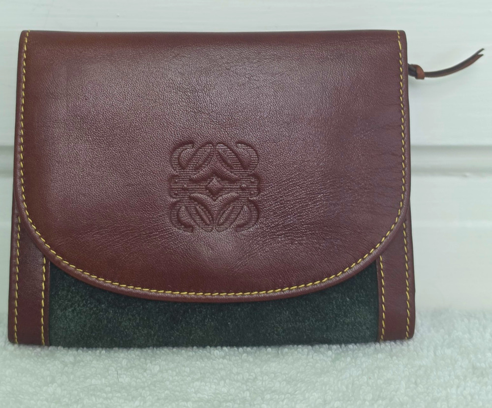 Loewe Women’s Brown/Green Solid Anagram Logo Folding Wallet, Zip Coin w/COA